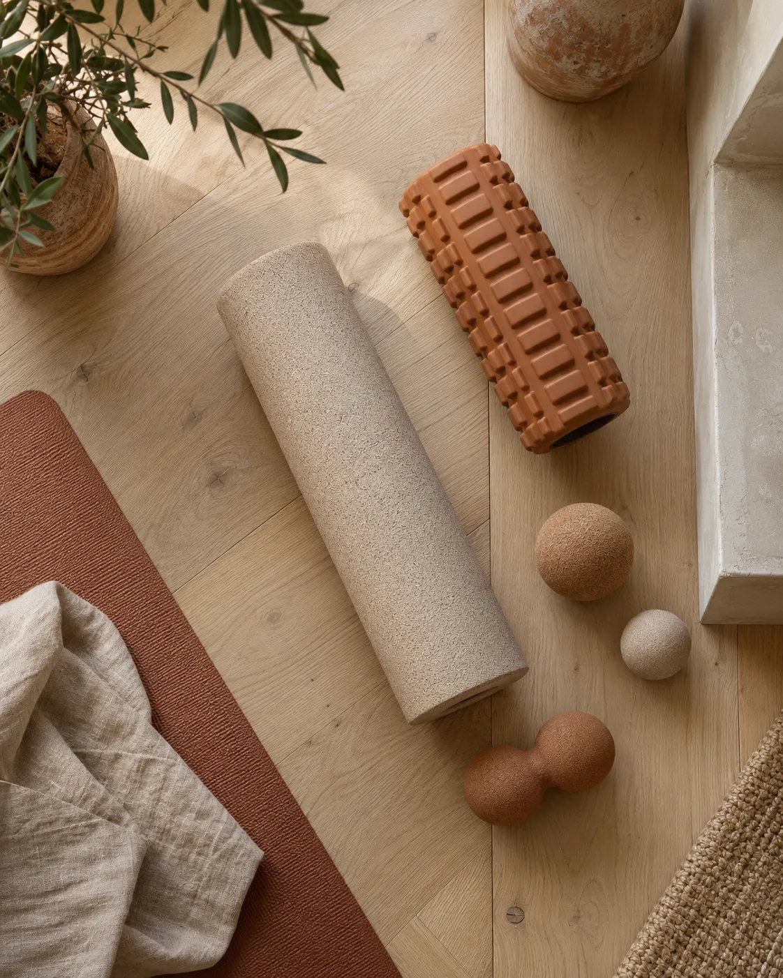 Top-down view of foam rollers and massage balls in clay tones on a pale oak floor